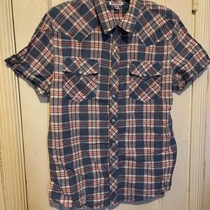 Men's Blue Plaid Short-Sleeve Button-Up Shirt